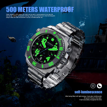FeelNever Sport Automatic Movement Quartz Watch Stainless Steel Sapphire Crystal Watches Men 500M Waterproof Clocks Reloj Hombre