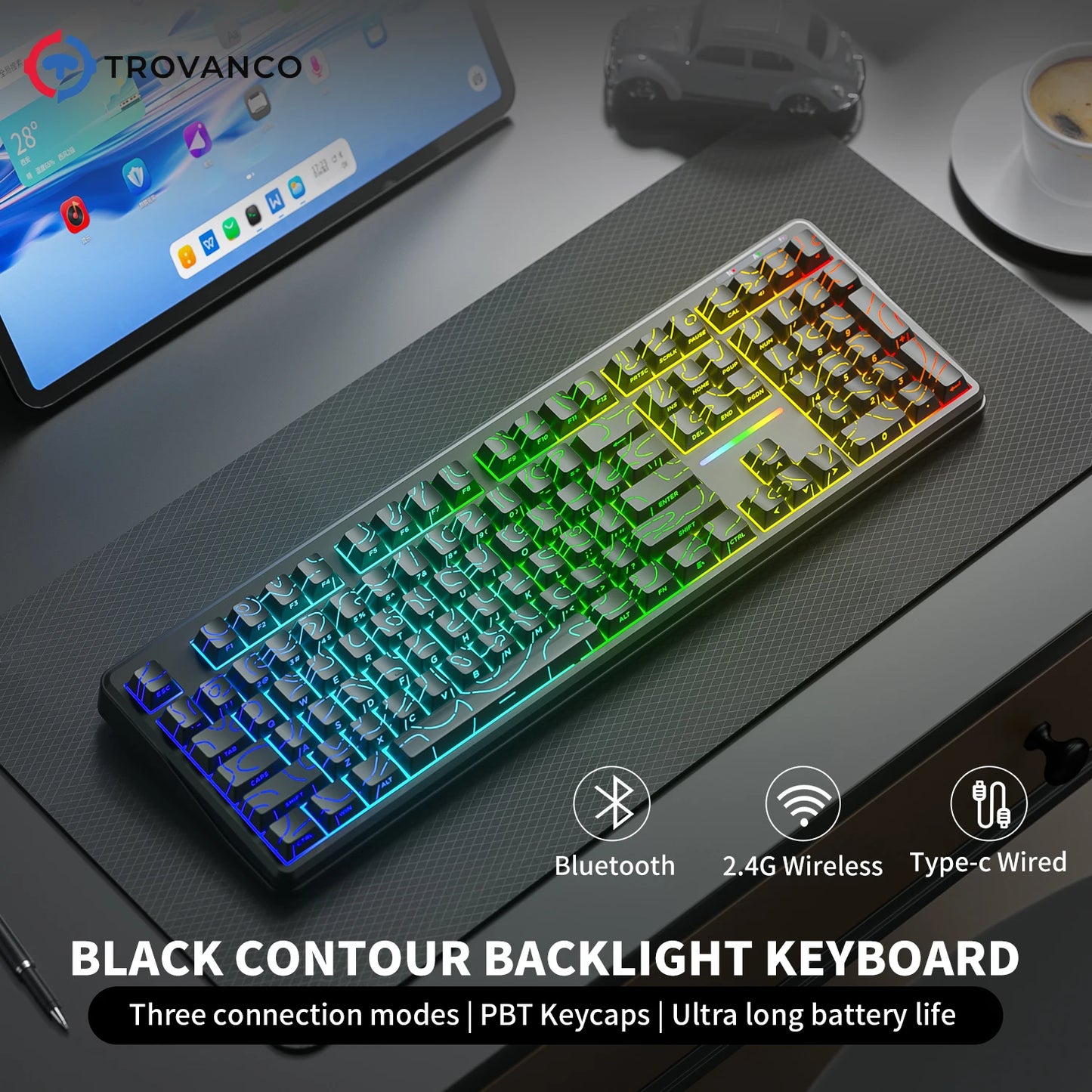 V108 Pro Bluetooth Keyboard  Office Low Noise 2.4G Wired&Wireless Full Layout with RGB Backlit Membrane