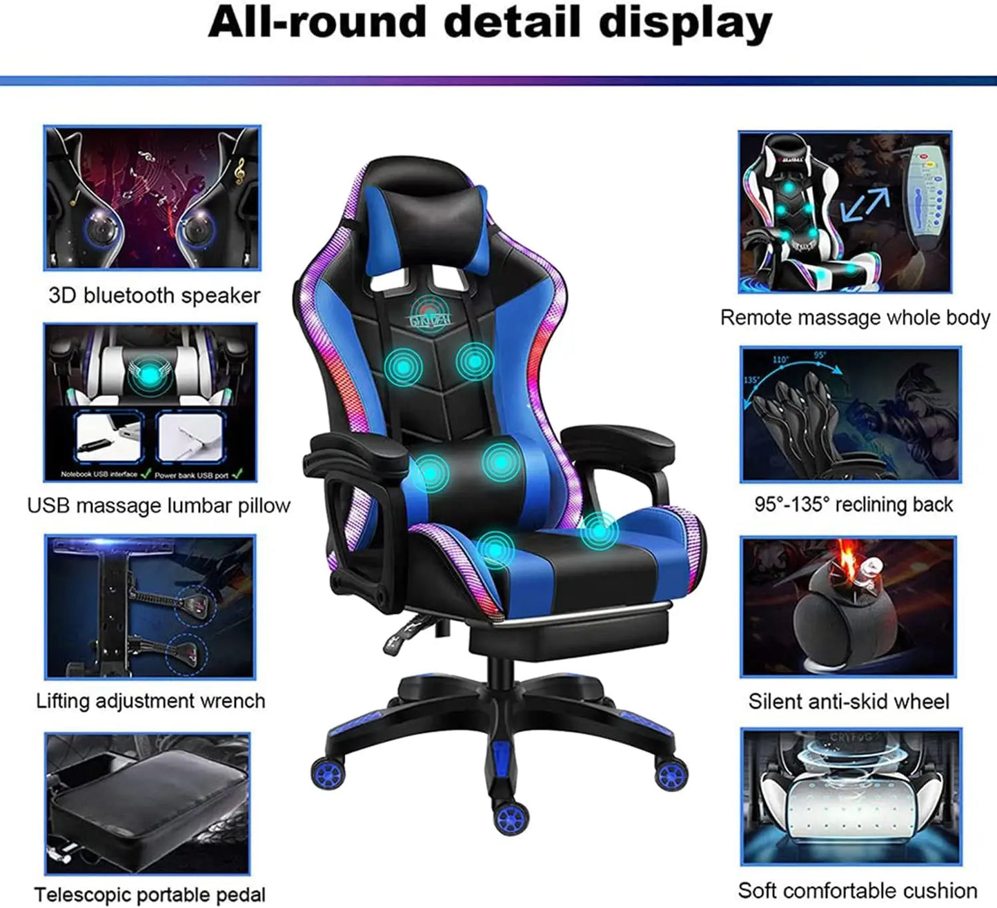 RGB Gaming Chair Ergonomic Massage Chair with LED Lights, Bluetooth Speakers, Footrest, Lumbar Support, Reclining High Back E-Sports Chair