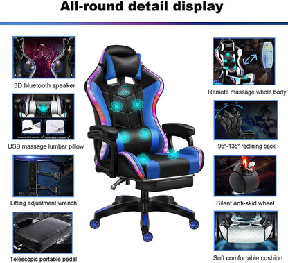 RGB Gaming Chair Ergonomic Massage Chair with LED Lights, Bluetooth Speakers, Footrest, Lumbar Support, Reclining High Back E-Sports Chair