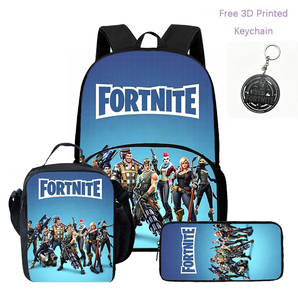 Conjunto FORTNITE leve de 3 peças: mochila com bolso frontal, lancheira e estojo, com porta-chaves 3D impresso grátis, para meninos, meninas e crianças dos 5 aos 10 anos