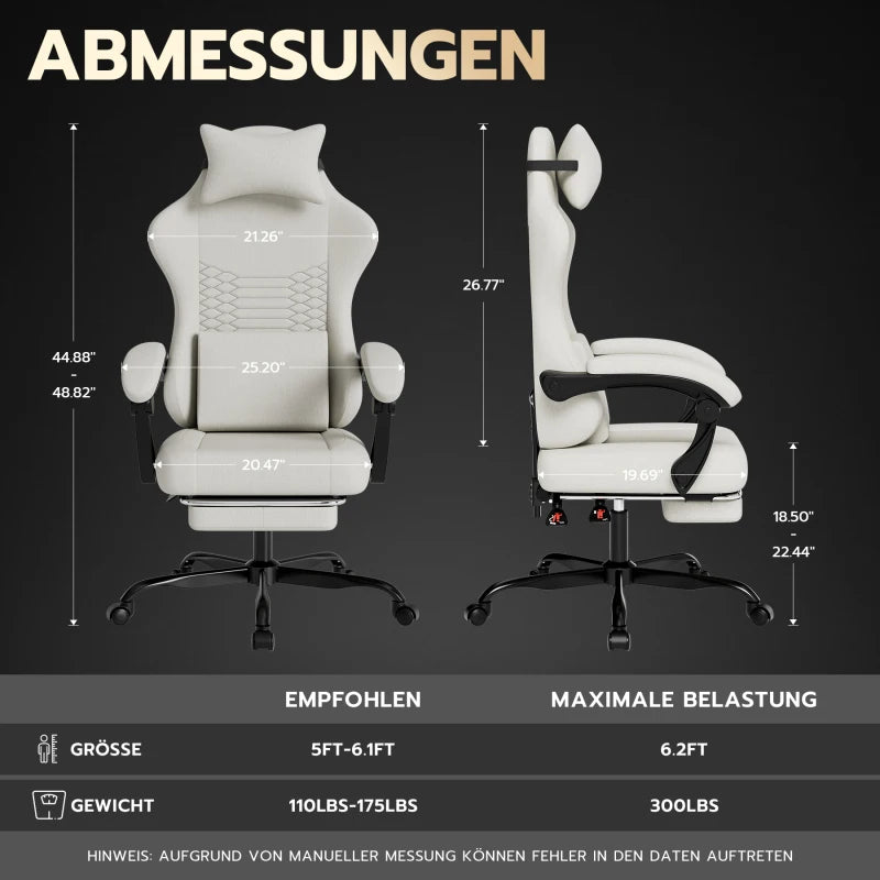Ergonomic Gaming Chair Fabric Office Chair with Footrest, 360° Swivel Adjustable Desk Chair, Comfortable Racing Style Computer Chair