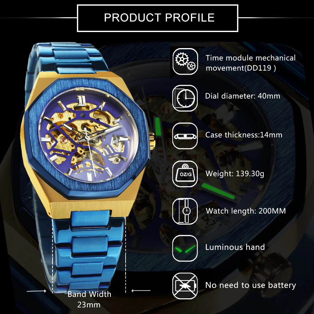 WINNER Black Gold Skeleton Mechanical Watches for Men Fashion irregular Automatic Watch Luxury Brand Stainless Steel Strap 2023