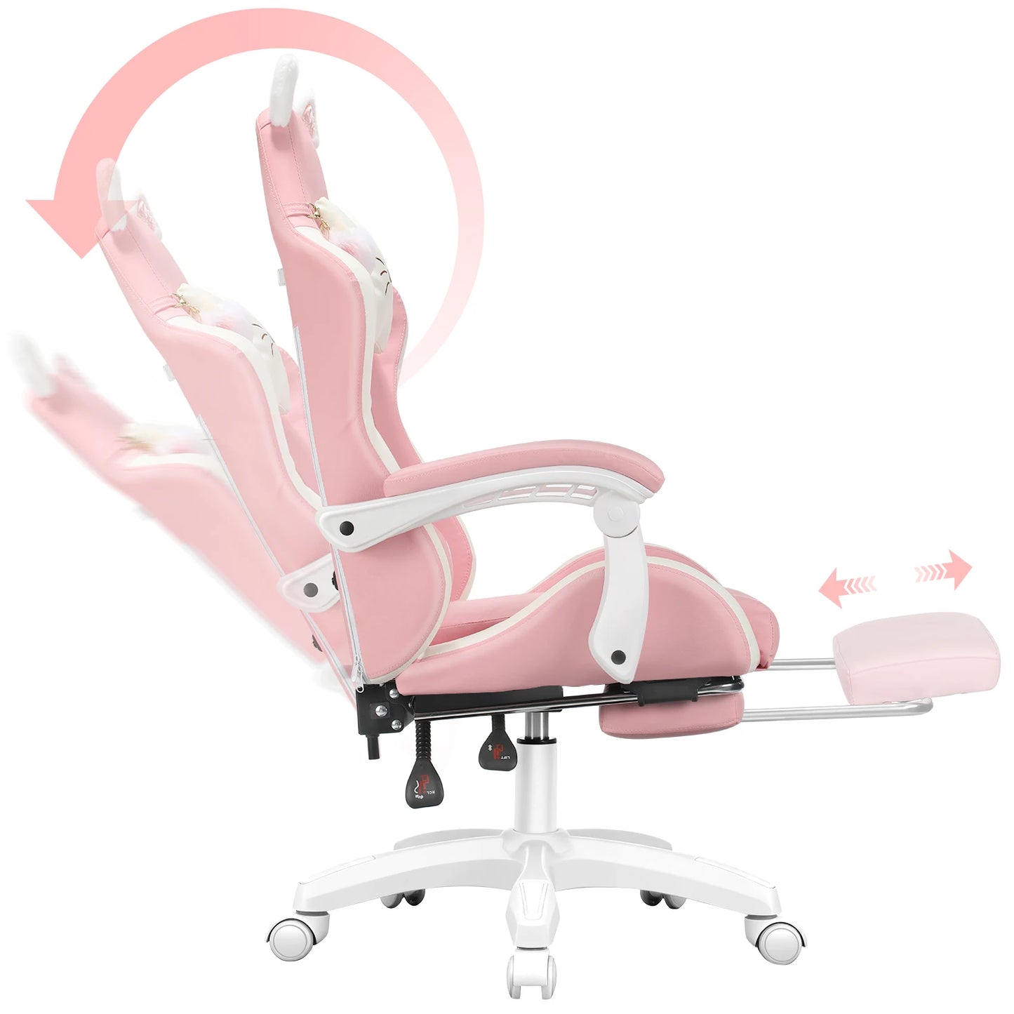Gaming Chair with Cat Ears, Computer Armchair with Footrest and Lumbar Support, Height Adjustable Game Chair, 360°-Swivel Seat