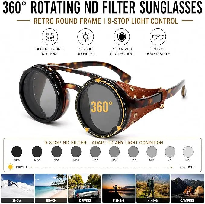 Adjustable 9-Gear ND Filter Steampunk Sunglasses UV400 Round Retro Punk Sun Glasses with Side Shields Leather Patch for Men Wome