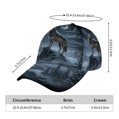 Boné clássico com estampado de lobo a uivar à lua, confortável e ajustável, com pala curva, ideal para uso diário e perfeito para a família