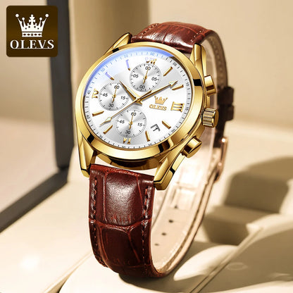 Reloj de pulsera cronógrafo para hombre OLEVS 2872 – Correa de piel, resistente al agua, agujas luminiscentes, movimiento de cuarzo, estilo deportivo de lujo