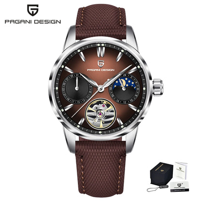 PAGANI DESIGN – Luxe mechanisch herenhorloge, 41 mm, saffierglas, leren band, waterdicht, pilotenstijl, met tourbillon en maanfase