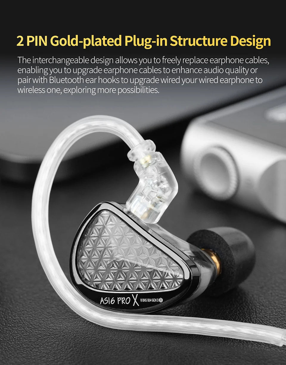 KZ AS16 PRO X HiFi In-Ear Monitor Earphones – 8 Balanced Armature Drivers Wired Headphones with Microphone