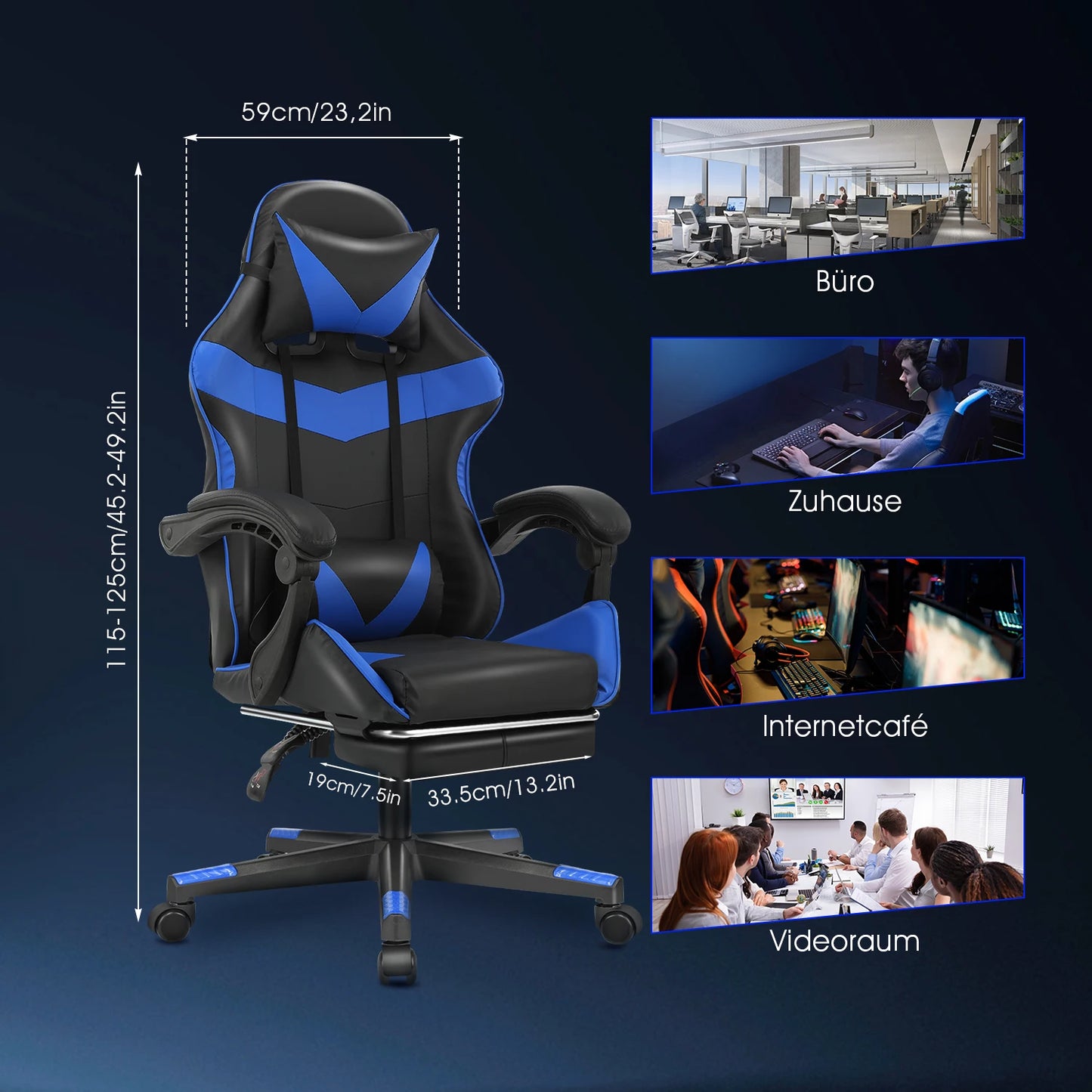 Ergonomic Gaming chair with massage function, height adjustable office chair computer chair with armrests headrests, up to 150KG