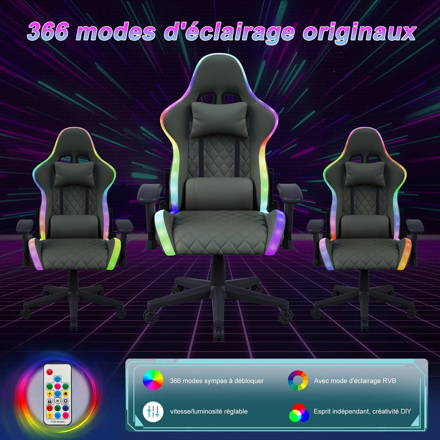 Ergonomic Office Chair with Lumbar Massage, LED RGB Ambient Lighting, and Reclining Backrest, for Home Offices