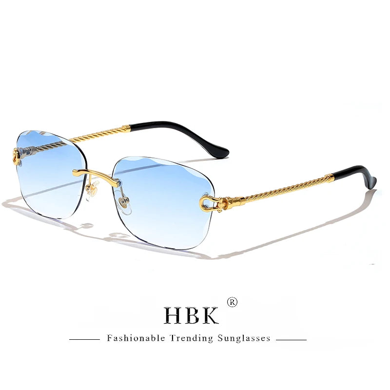 HBK Frameless Metal Sunglasses Men Wave Cutting Sun Glasses for Women Travel Shopping Shades Eyeglass UV400 Summer Style