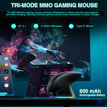 SOLAKAKA SM820 trådlös mus i tre lägen med magnetisk laddningsdocka, RGB, PAW3311, 24000DPI, trådlös makro-gamingmus, ultralätt