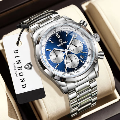 Montre à quartz BINBOND pour homme, élégante, robuste et précise, avec date automatique, chronographe, lumineuse et étanche. Style décontracté.