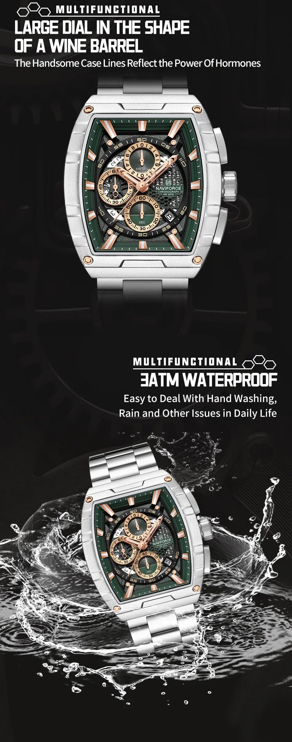 NAVIFORCE Top Brand Men's Watches Luxury Tonneau Quartz Wristwatch Waterproof Chronograph Watch for Men 2025 Auto Date Clock