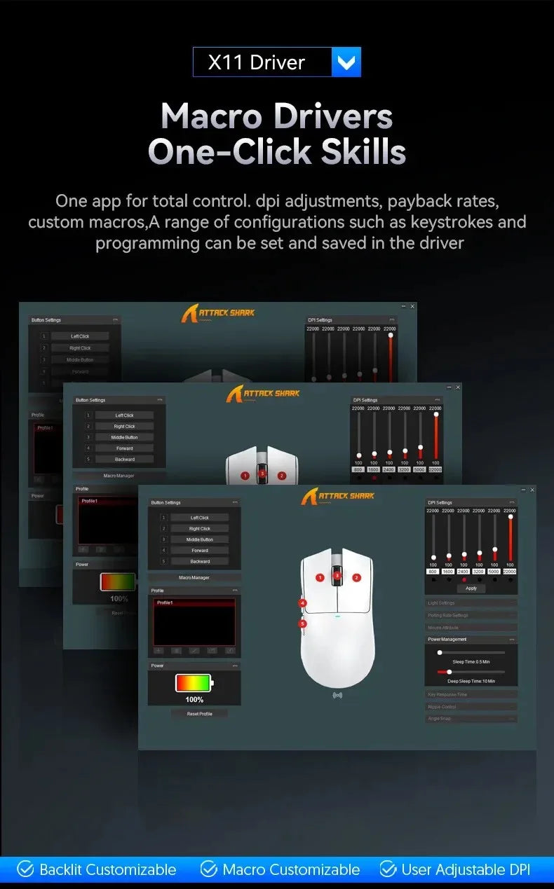 Ratón gaming inalámbrico ultraligero ATTACK SHARK X11SE, vida útil de 20 millones de clics, PAW3311 Gaming, 22KDPI, 400IPS, 40G, 1KHz, 65 horas, 30mAH