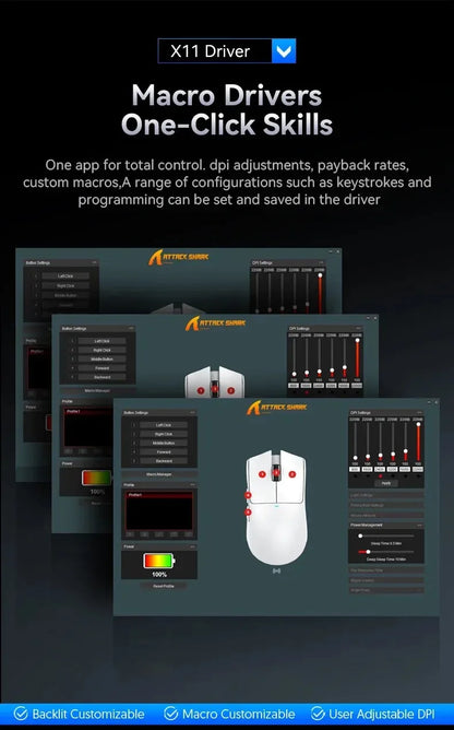 Ratón gaming inalámbrico ultraligero ATTACK SHARK X11SE, vida útil de 20 millones de clics, PAW3311 Gaming, 22KDPI, 400IPS, 40G, 1KHz, 65 horas, 30mAH