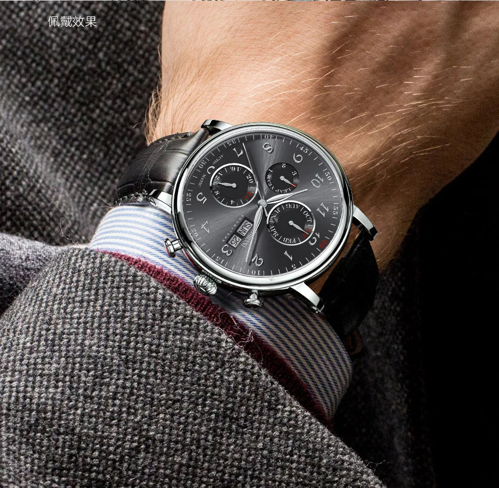 Relógio masculino mecânico automático LOBINNI Luxury Brand Switzerland com calendário perpétuo, vidro de safira e mostrador multifunções L13019-8