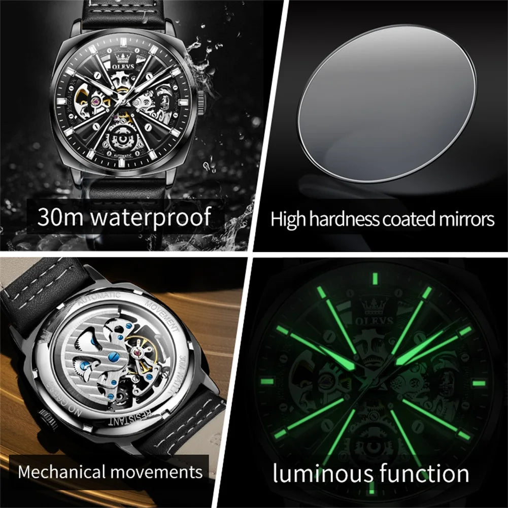 OLEVS 6685 Men's Watches Mechanical Wristwatch 30m Waterproof Luminous Leather Strap Original Man Watch