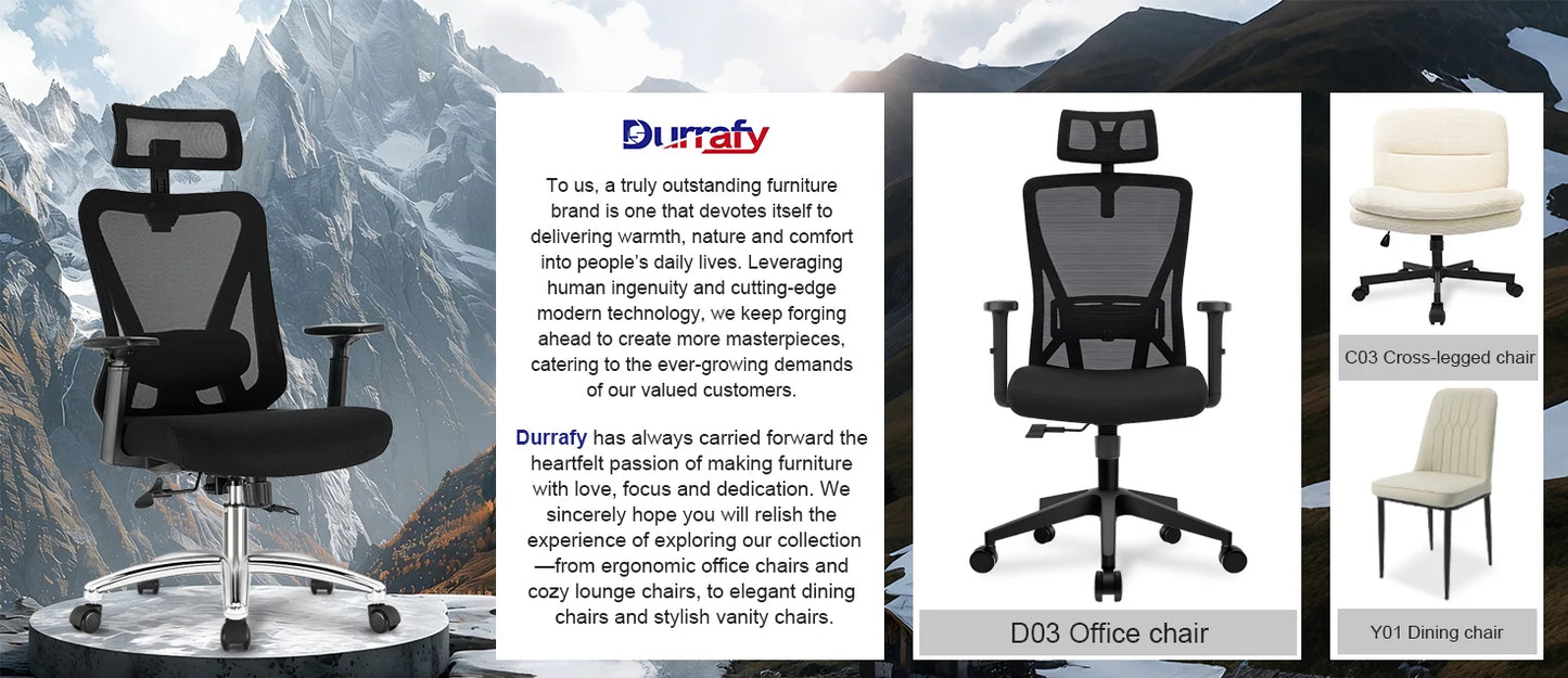 Durrafy Ergonomic Office Chair with Headrest & Armrests, Adjustable Swivel Desk Chair, 90°-130° Reclining Executive Mesh Chair for Home Office