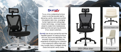 Durrafy Ergonomic Office Chair with Headrest & Armrests, Adjustable Swivel Desk Chair, 90°-130° Reclining Executive Mesh Chair for Home Office
