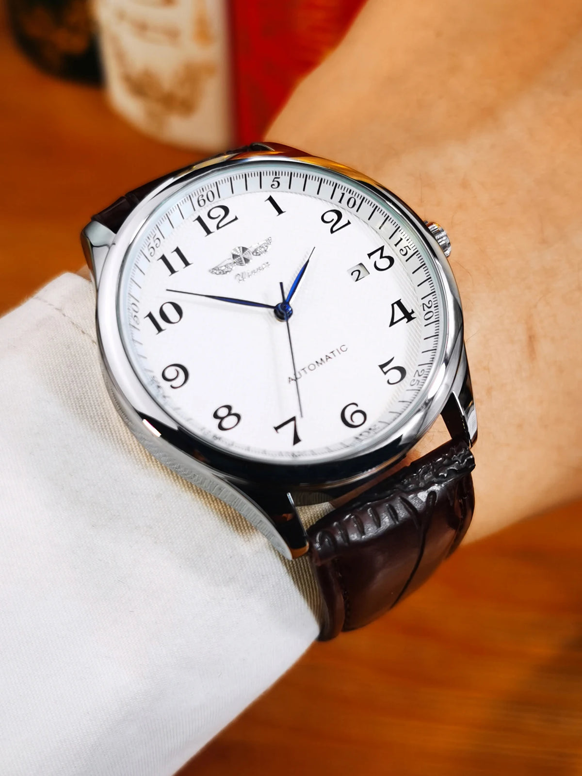WINNER Men’s Watch – Classic, retro and elegant style – Automatic mechanical watch with date display – Luxury brand, steel case and leather strap