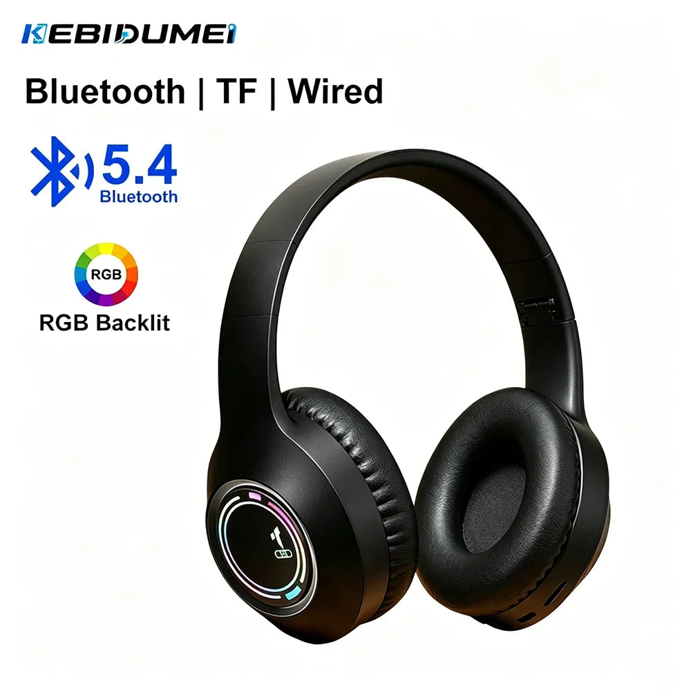 Casque de jeu KEBIDUMEI RGB, circumaural, Bluetooth 5.4, prise en charge de la connexion filaire 3,5 mm, lecture sur carte TF, écouteurs tri-mode.