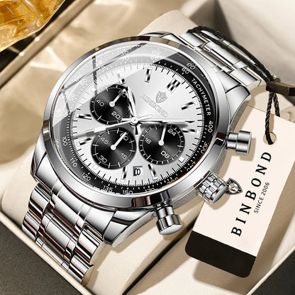 Montre à quartz BINBOND pour homme, élégante, robuste et précise, avec date automatique, chronographe, lumineuse et étanche. Style décontracté.