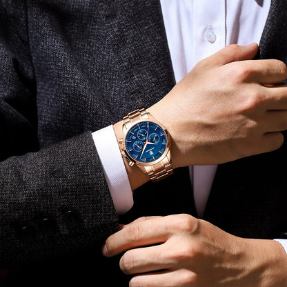 Luxe herenpolshorloge van POEDAGAR, militaire stijl, waterdicht, verlicht, chronograaf, roestvrij staal, quartz, inclusief doos.