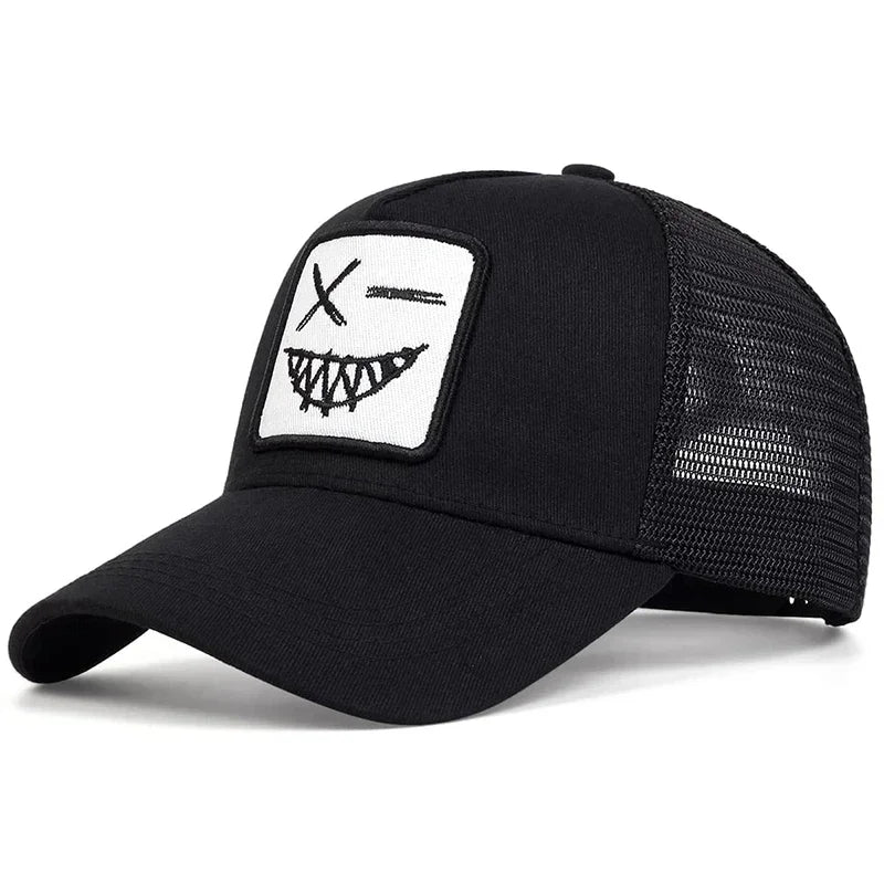 Unisex X Baseball-Netzkappen mit Stickerei eines lächelnden Gesichts und Zähnen – Sonnenhut für Frühling und Sommer, im Freien, mit Sonnenschutz, verstellbare Freizeit-Trucker-Kappen