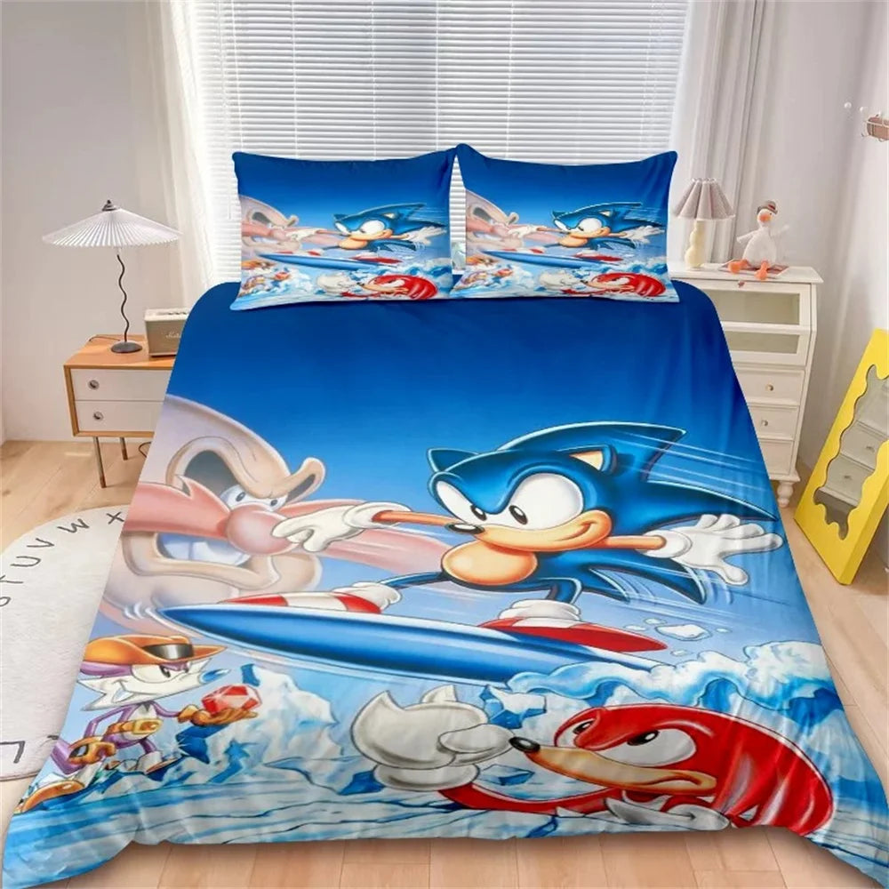 Cartoon-Bettbezug-Set, weiche Baumwoll-Bettwäsche, S-Sonic-S Film H-HedgehogS, 2/3-teiliges Set, für alle Jahreszeiten, Studentenwohnheim