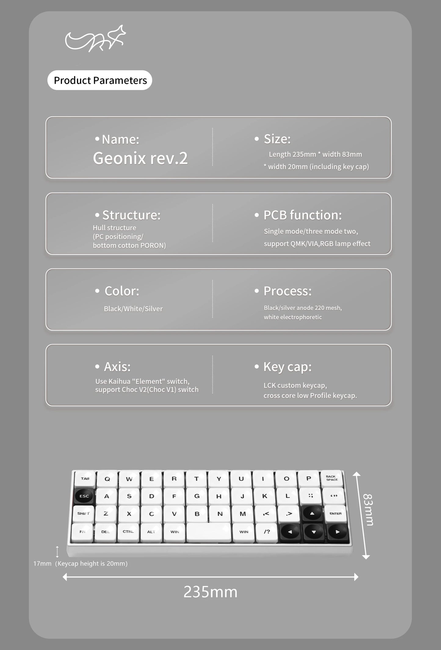 Chosfox GEONIX48 Rev.2 Low Profile Keyboard Single/Three Mode Portable Mechanical Keyboard Kit For LOW MX Switch Support QMK/VIA