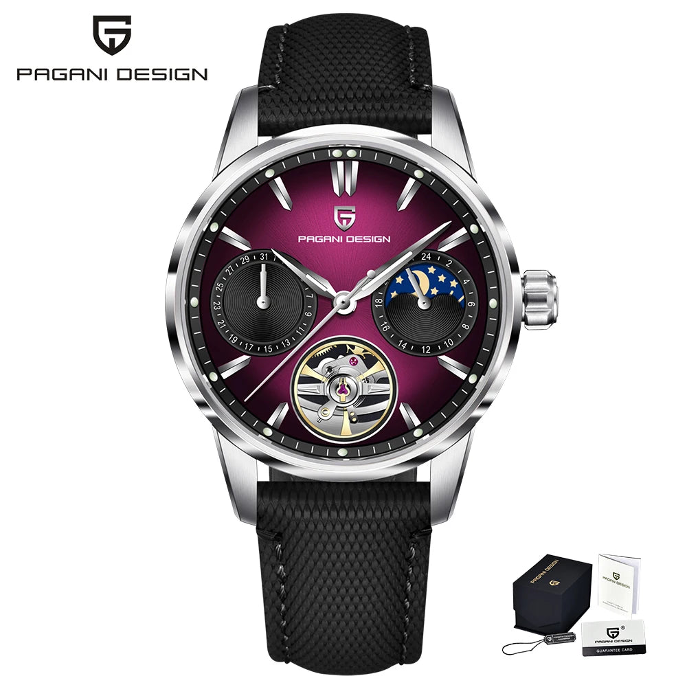 PAGANI DESIGN – Luxe mechanisch herenhorloge, 41 mm, saffierglas, leren band, waterdicht, pilotenstijl, met tourbillon en maanfase