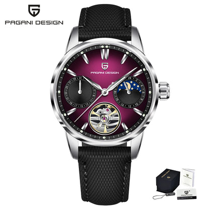 PAGANI DESIGN – Luxe mechanisch herenhorloge, 41 mm, saffierglas, leren band, waterdicht, pilotenstijl, met tourbillon en maanfase