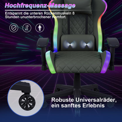 Anajqaqia RGB LED Gaming Chair with Lumbar Massage, Ergonomic Office Chair, Adjustable Reclining Computer Chair 90-135° Backrest