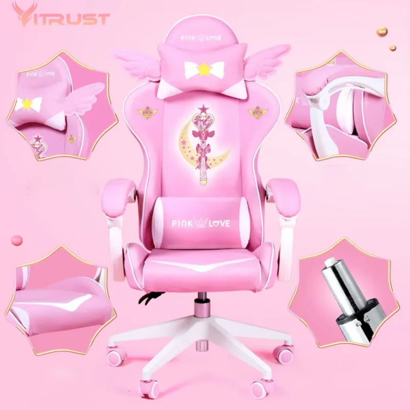Pink Gaming Chair for Girls, Cute Comfortable Gaming Chair with Armrests, Swivel Height Adjustable Gamer Chair for Bedroom, Office & Streaming