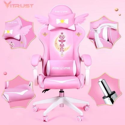 Pink Gaming Chair for Girls, Cute Comfortable Gaming Chair with Armrests, Swivel Height Adjustable Gamer Chair for Bedroom, Office & Streaming