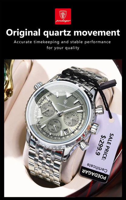 POEDAGAR Fashion Men's Quartz Watch Stainless Steel Waterproof Luminous Man Watch Chronograph Date Multifunction Watches For Men