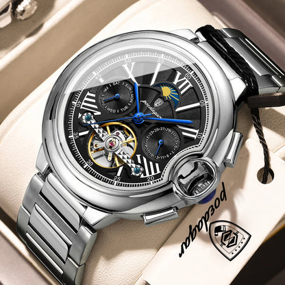 POEDAGAR luksuzni muški sat – automatski mehanički model s prikazom datuma i dana, kožni remen, tourbillon, vodootporan, elegantan i profesionalan stil.