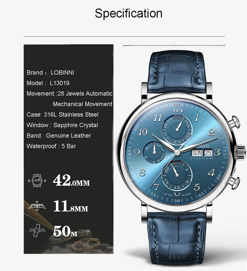 Relógio masculino mecânico automático LOBINNI Luxury Brand Switzerland com calendário perpétuo, vidro de safira e mostrador multifunções L13019-8