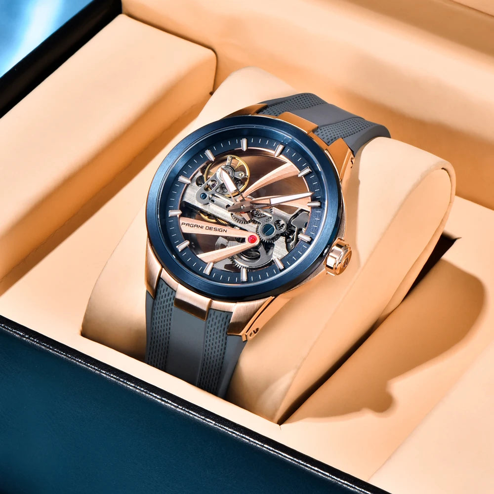 PAGANI DESIGN herreur – Luksuriøst mekanisk ur med automatisk optræk, af typen »skelet« (med synligt urværk), udstyret med en tourbillon, safirglas med antirefleksbehandling, vandtæt og selvlysende.