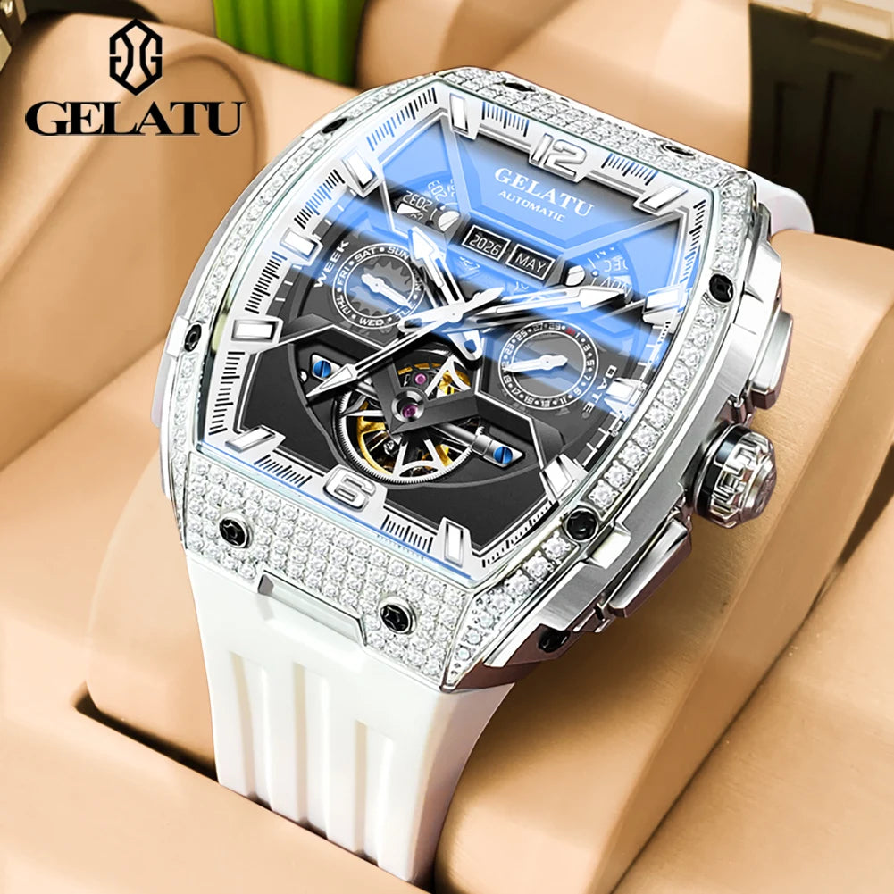GELATU 6016 High-end Full Diamond Automatic Mechanical Watch for Men Multifunction Hollow Silicone Strap Men's Wristwatches
