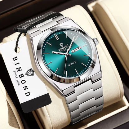 Montre-bracelet à quartz de luxe BINBOND, lumineuse, étanche, jour de la semaine, date automatique, bracelet en acier, style business, sport, mode et décontracté.