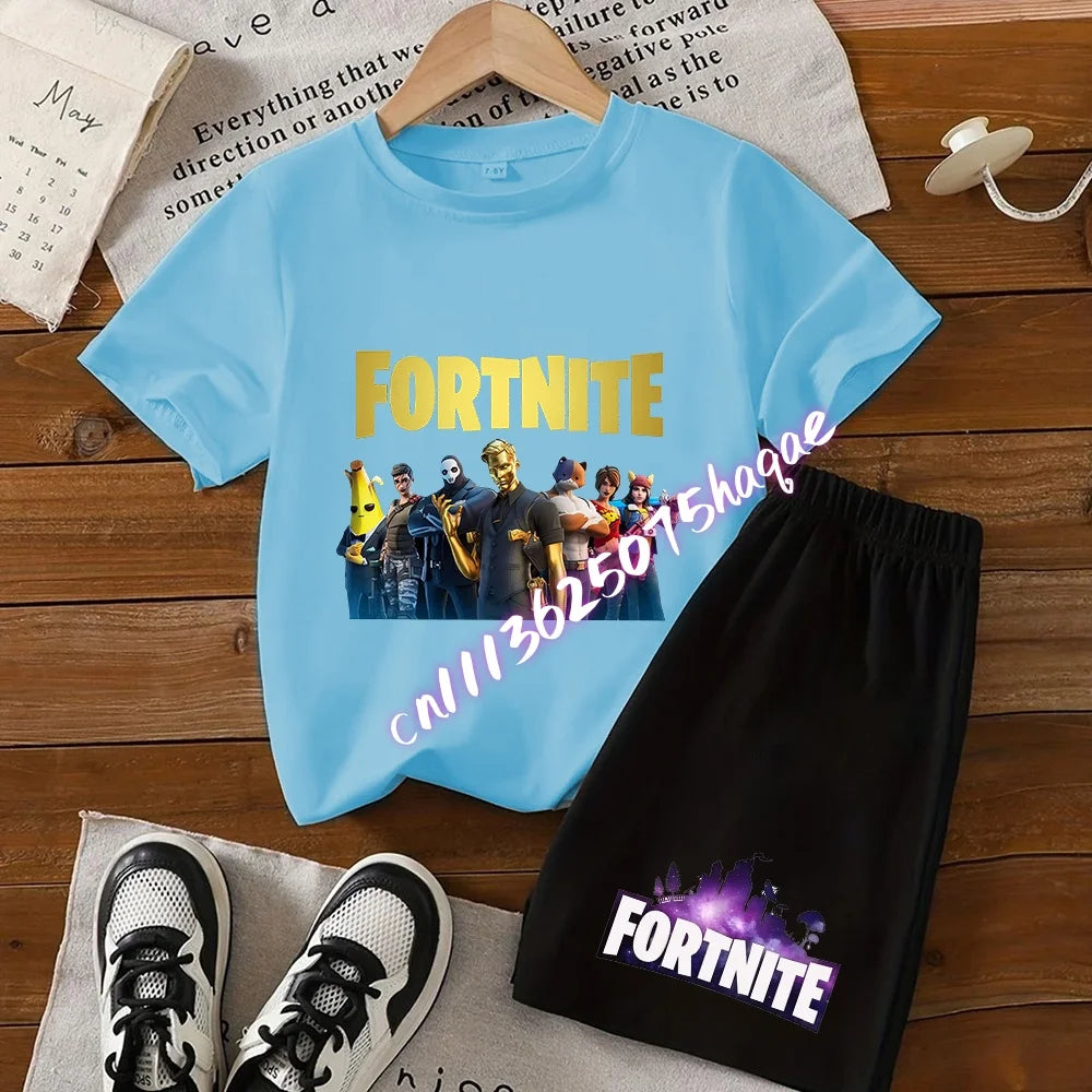 Summer Kids Game Fortnite T-Shirt Suit Anime Short Sleeve Shorts 2 Piece Summer Children Cotton Casual Sportswear Gifts