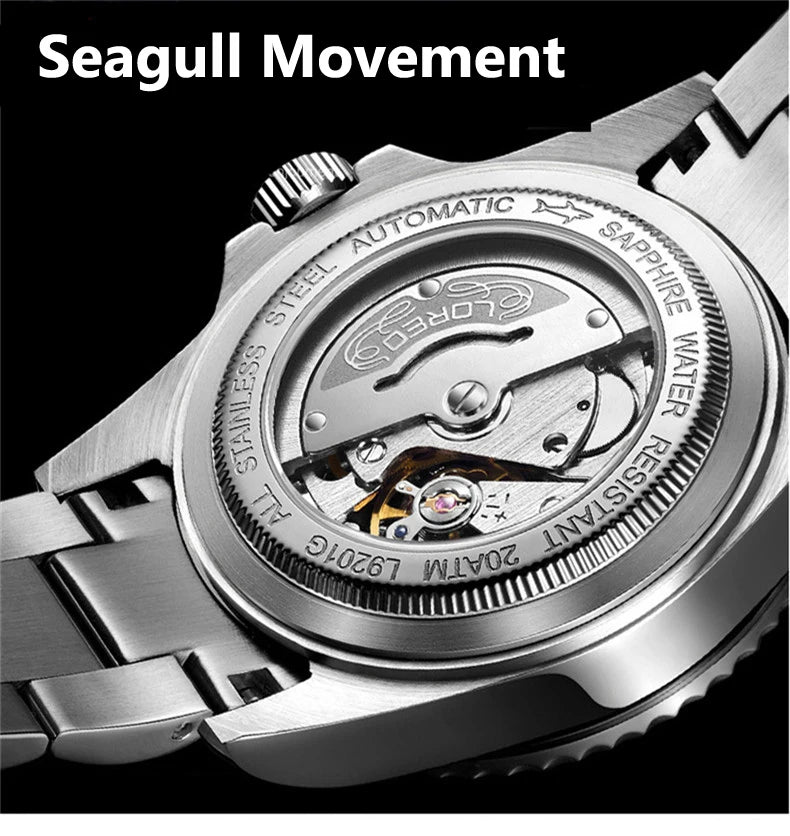 LOREO Original Men Business Watch 20ATM Waterproof Wristwatch Top Brand Casual Sport Seagull Automatic Mechanical Watch Men
