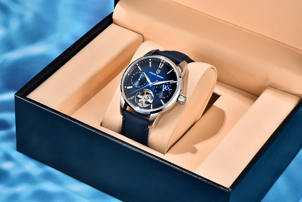 PAGANI DESIGN – Luxe mechanisch herenhorloge, 41 mm, saffierglas, leren band, waterdicht, pilotenstijl, met tourbillon en maanfase