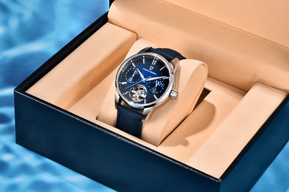 PAGANI DESIGN – Luxe mechanisch herenhorloge, 41 mm, saffierglas, leren band, waterdicht, pilotenstijl, met tourbillon en maanfase