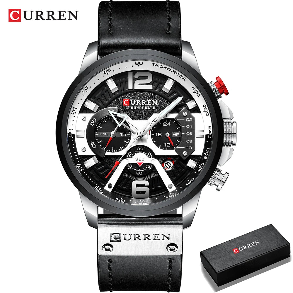 CURREN 8329 herreur – Afslappet sportsstil, militærinspireret design, læderrem, trendy kronograf, luksusur fra et kendt mærke