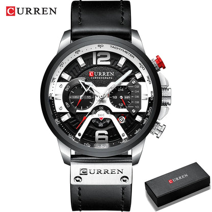 CURREN 8329 herreur – Afslappet sportsstil, militærinspireret design, læderrem, trendy kronograf, luksusur fra et kendt mærke