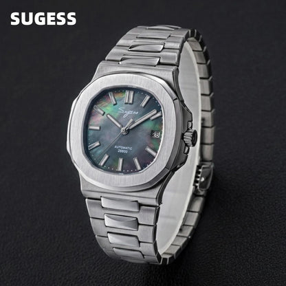Reloj de hombre Sugess automático mecánico, movimiento Miyota 9015, esfera MOP, luminoso, resistente al agua 5bar, brazalete de lujo S466